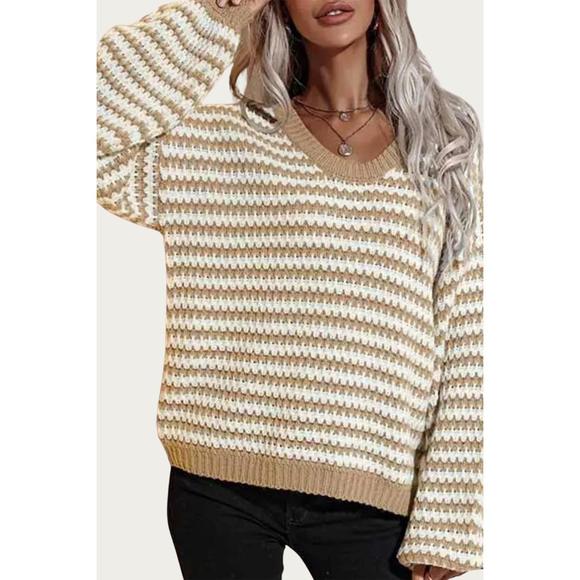 NEW ESLEY COLLECTION striped v-neck knit sweater in khaki/white - Picture 1 of 3